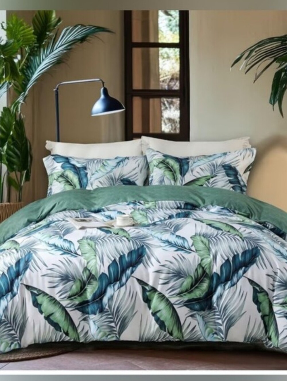 Green Tropical Leaf Print, King Size Duvet Set With Shams